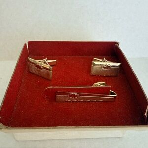 Vintage Gold Tone Cufflinks and Tie Clip Set Textured Mid Century Modern MCM Box